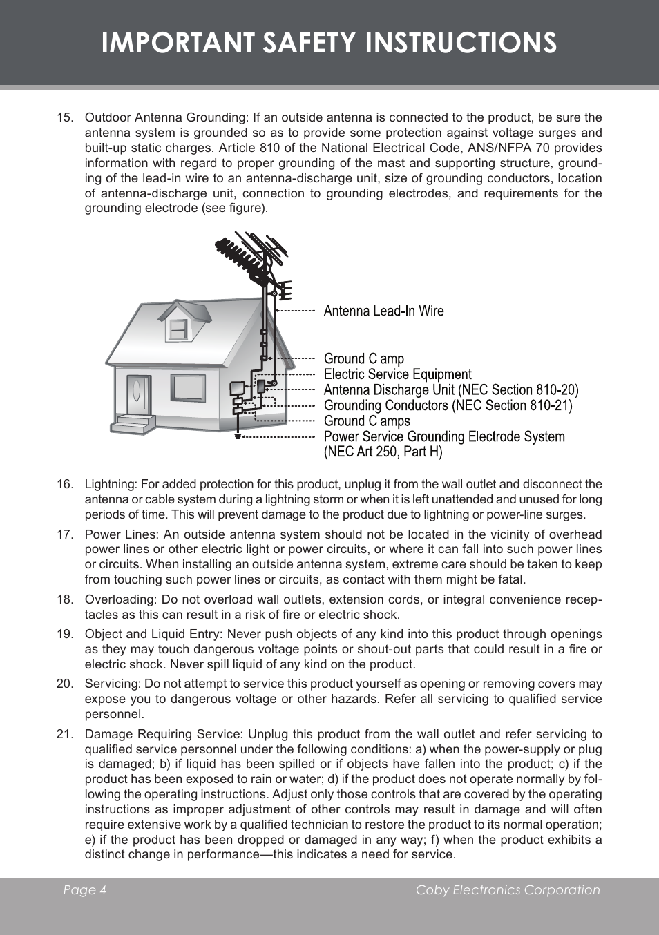 Important safety instructions | COBY electronic TF-DVD8501 User Manual | Page 4 / 32