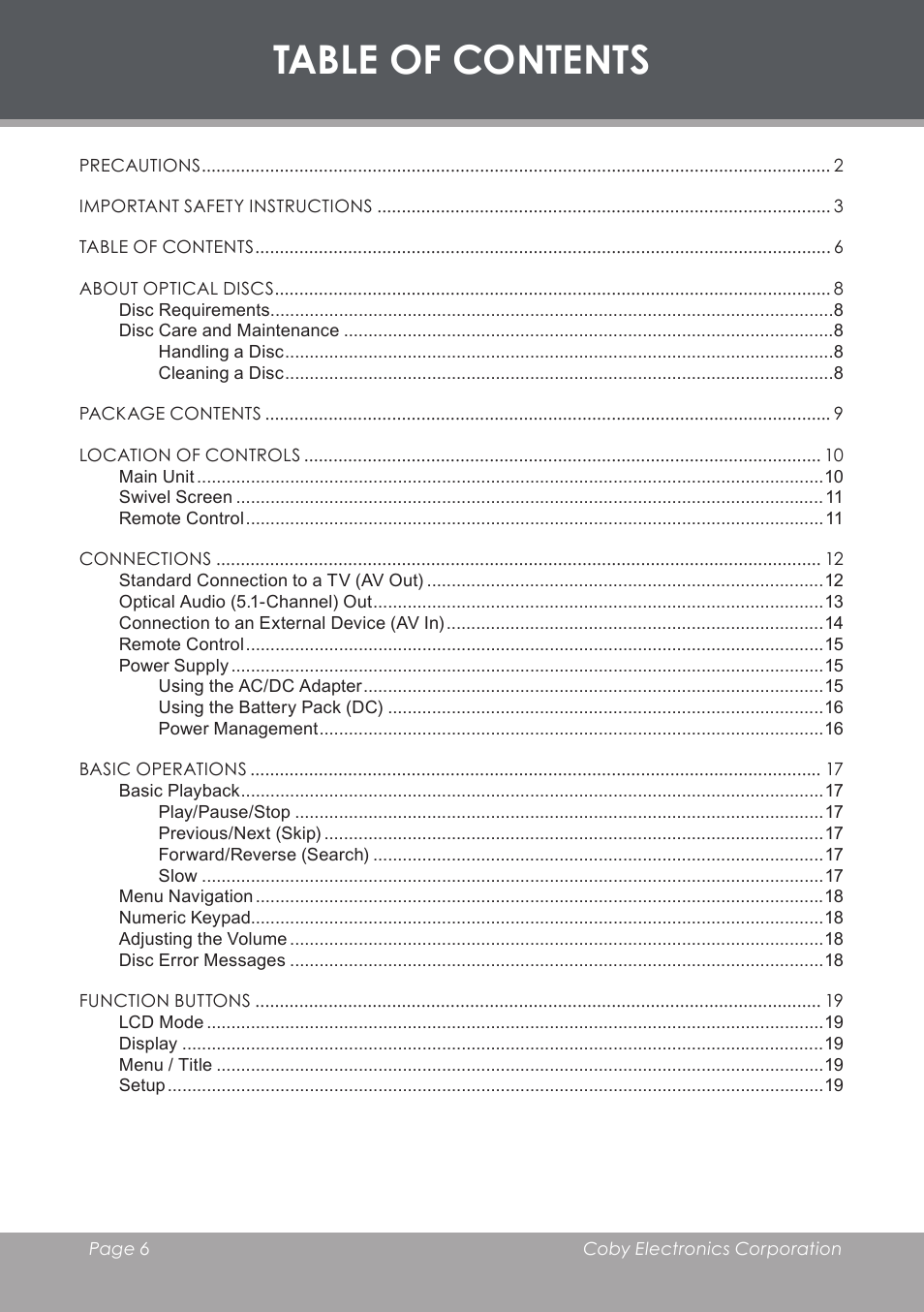 COBY electronic TF-DVD8501 User Manual | Page 6 / 32