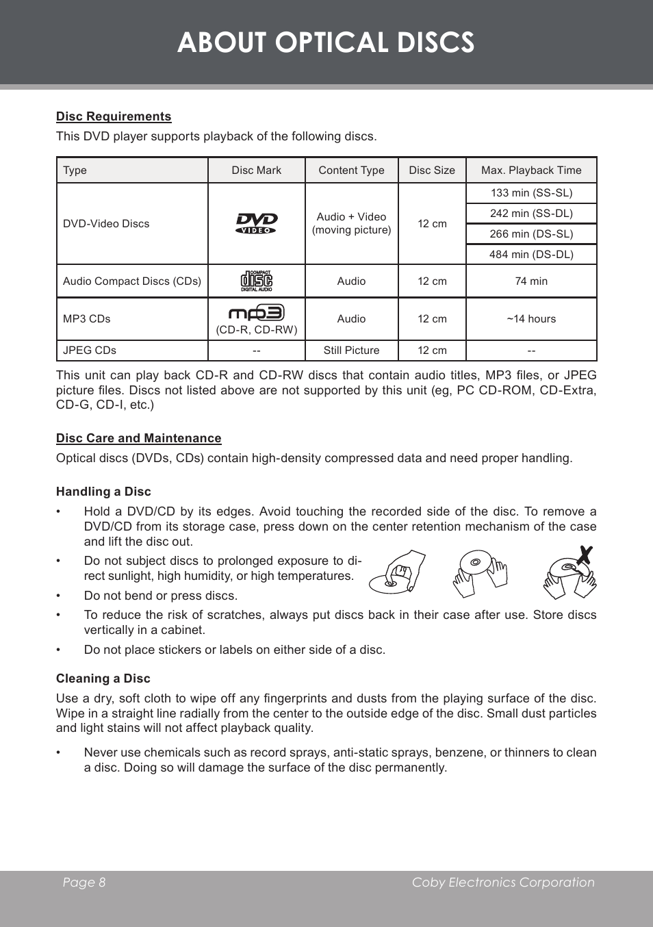 About optical discs, Disc requirements, Disc care and maintenance | Handling a disc, Cleaning a disc | COBY electronic TF-DVD8501 User Manual | Page 8 / 32