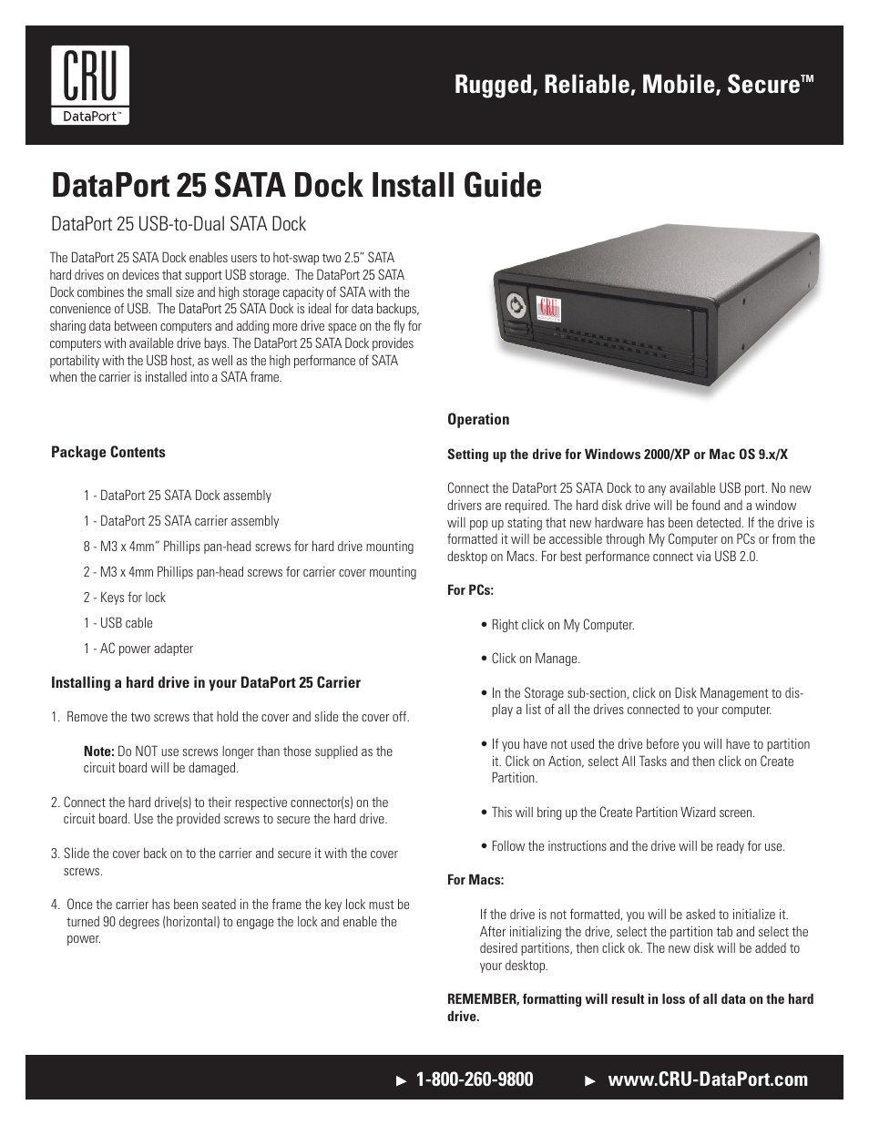 CRU DataPort 25 SATA Rugged Dock USB 2.0 User Manual | 2 pages