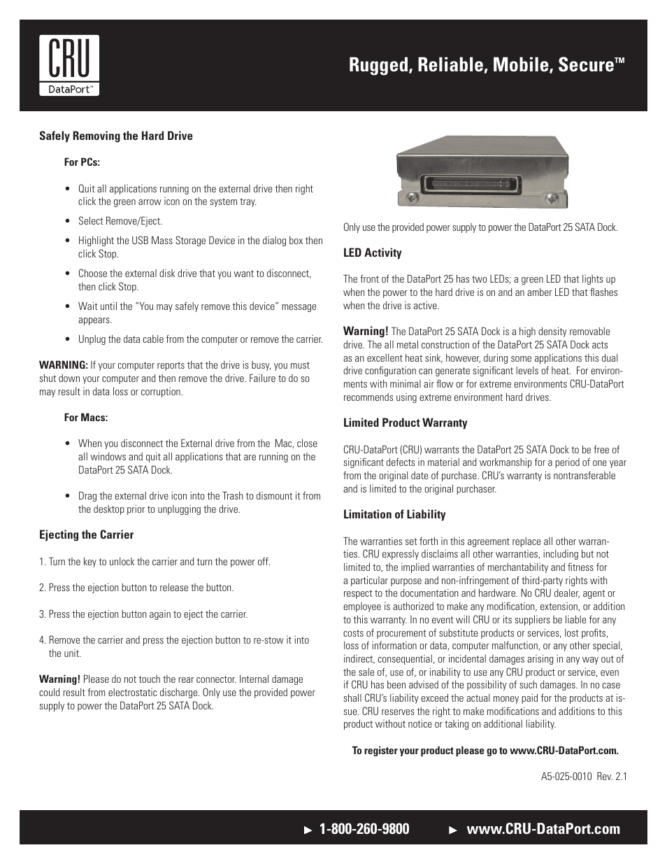 Rugged, reliable, mobile, secure | CRU DataPort 25 SATA Rugged Dock USB 2.0 User Manual | Page 2 / 2
