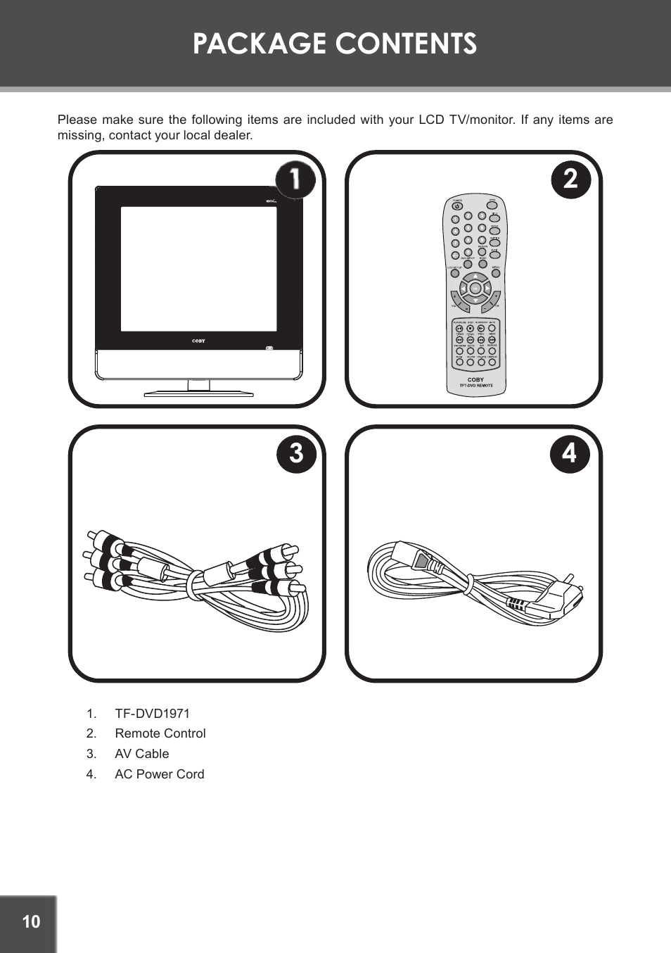 Package contents | COBY electronic TF-DVD1971 User Manual | Page 10 / 32
