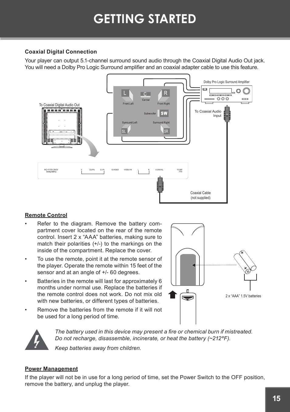 Coaxial digital connection, Remote control, Power management | Getting started | COBY electronic TF-DVD1971 User Manual | Page 15 / 32