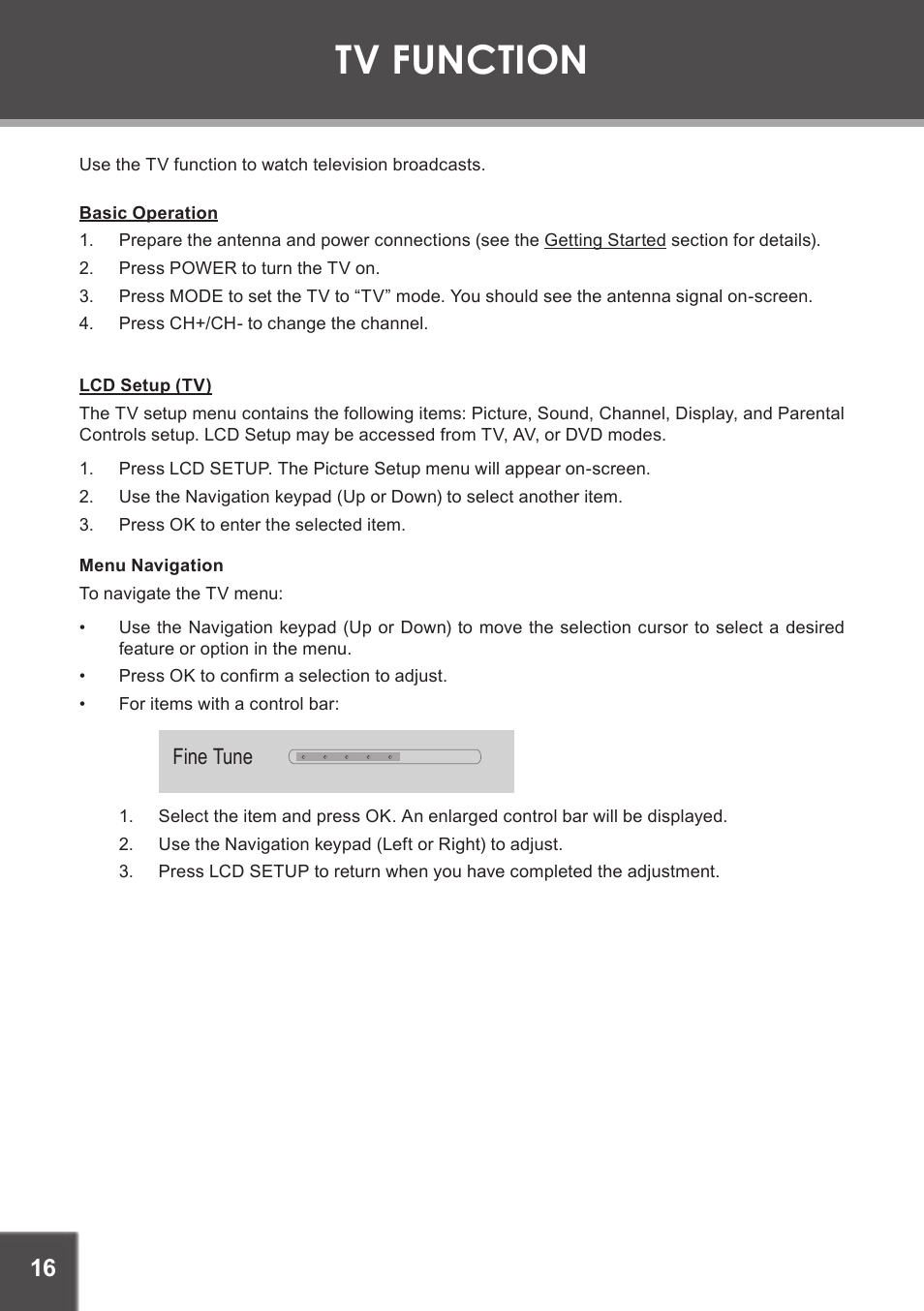 Tv function, Basic operation, Lcd setup (tv) | Menu navigation | COBY electronic TF-DVD1971 User Manual | Page 16 / 32