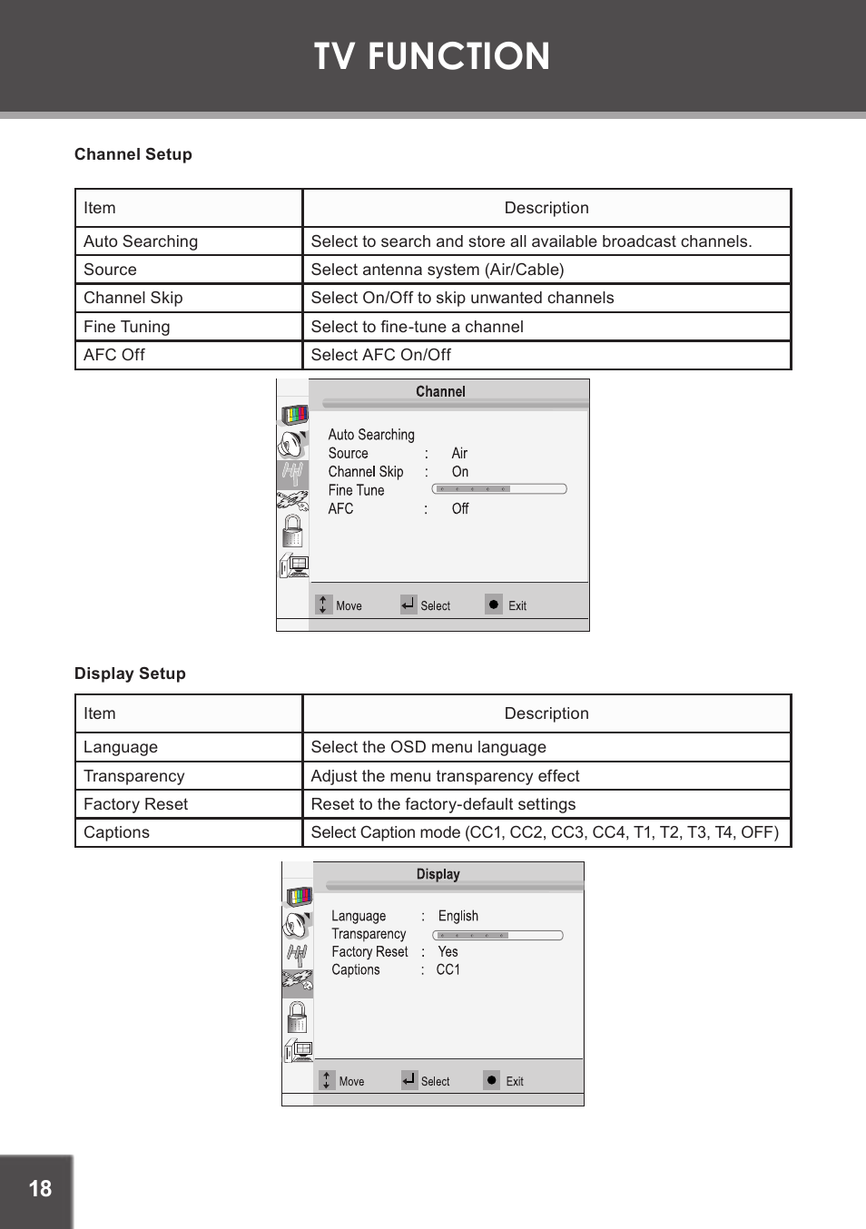 Channel setup, Display setup, Tv function | COBY electronic TF-DVD1971 User Manual | Page 18 / 32