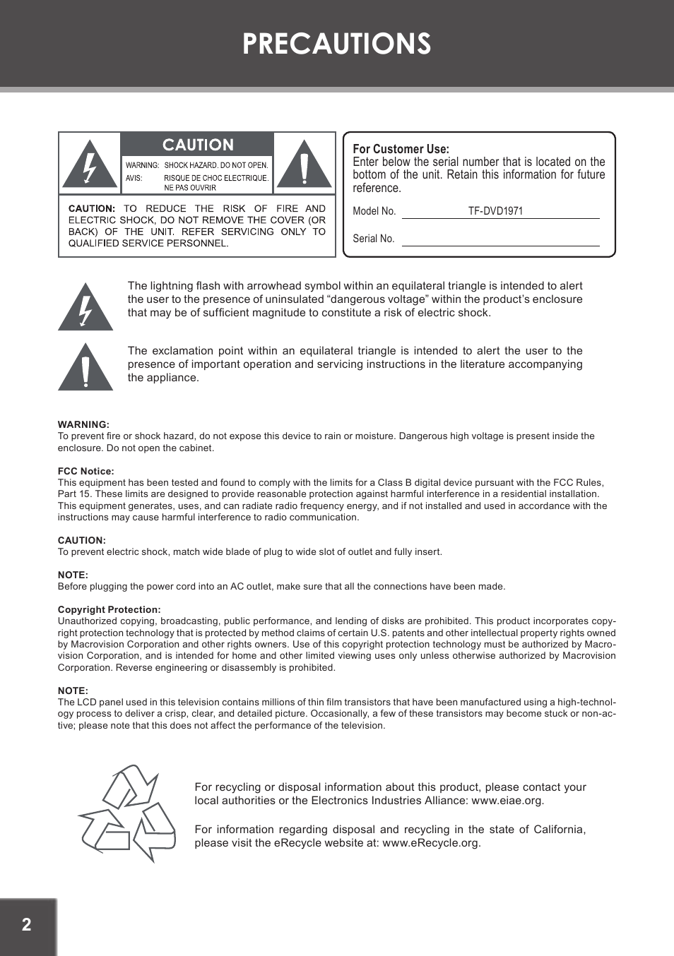 Precautions | COBY electronic TF-DVD1971 User Manual | Page 2 / 32