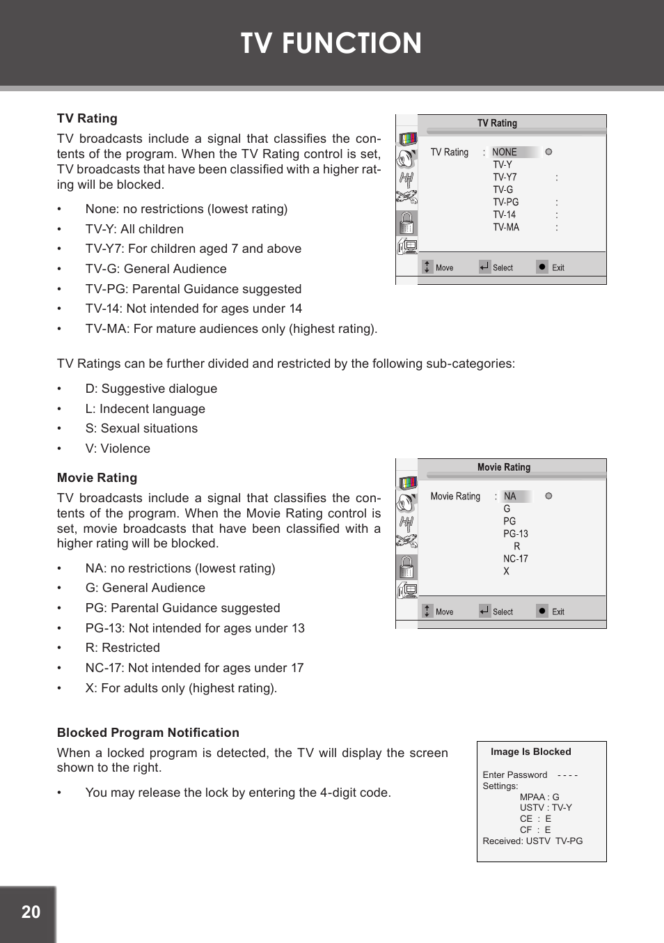 Tv rating, Movie rating, Blocked program notification | Tv function | COBY electronic TF-DVD1971 User Manual | Page 20 / 32