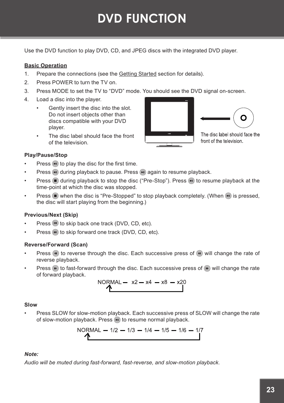 Dvd function, Basic operation, Play/pause/stop | Previous/next (skip), Reverse/forward (scan), Slow | COBY electronic TF-DVD1971 User Manual | Page 23 / 32