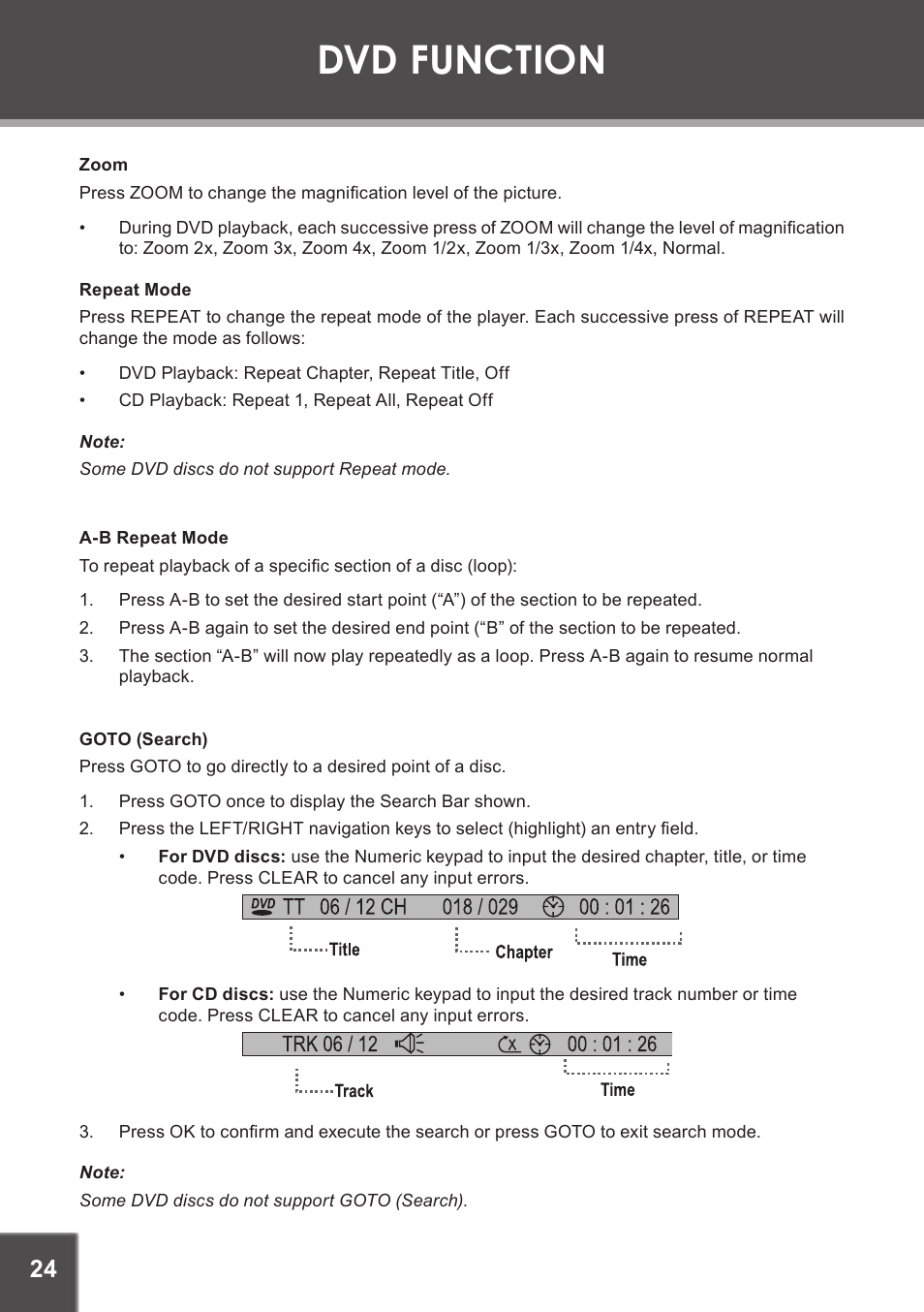 Zoom, Repeat mode, A-b repeat mode | Goto (search), Dvd function | COBY electronic TF-DVD1971 User Manual | Page 24 / 32