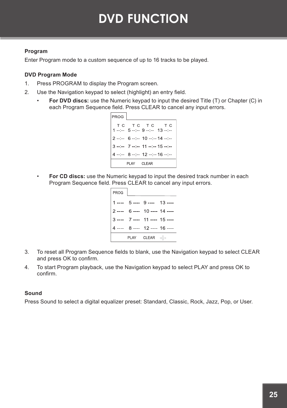 Program, Dvd program mode, Sound | Dvd function | COBY electronic TF-DVD1971 User Manual | Page 25 / 32