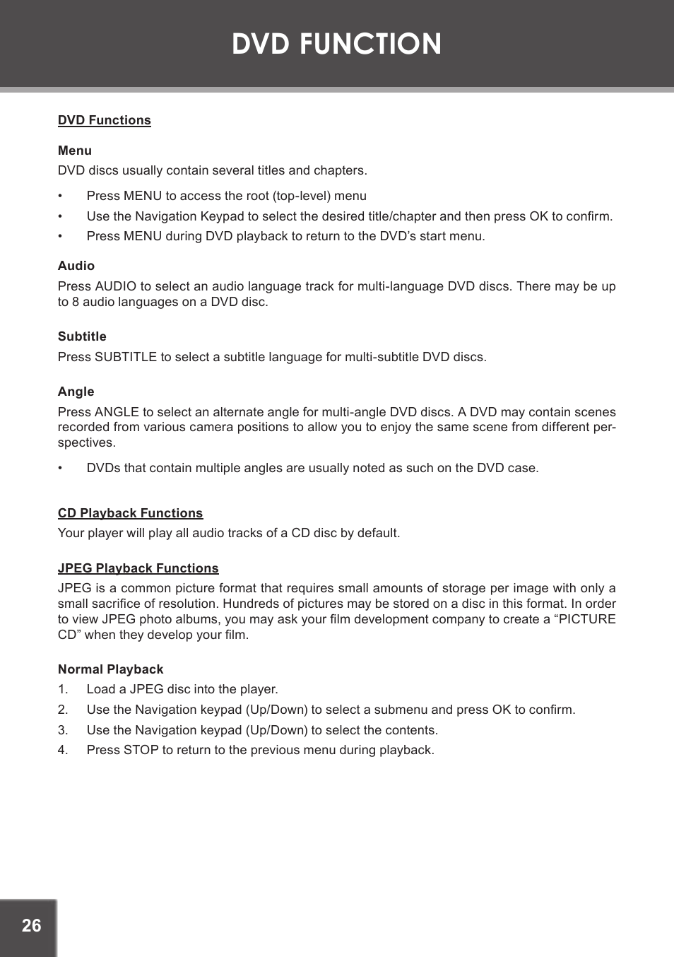 Dvd functions, Menu, Audio | Subtitle, Angle, Cd playback functions, Jpeg playback functions, Normal playback, Dvd function | COBY electronic TF-DVD1971 User Manual | Page 26 / 32