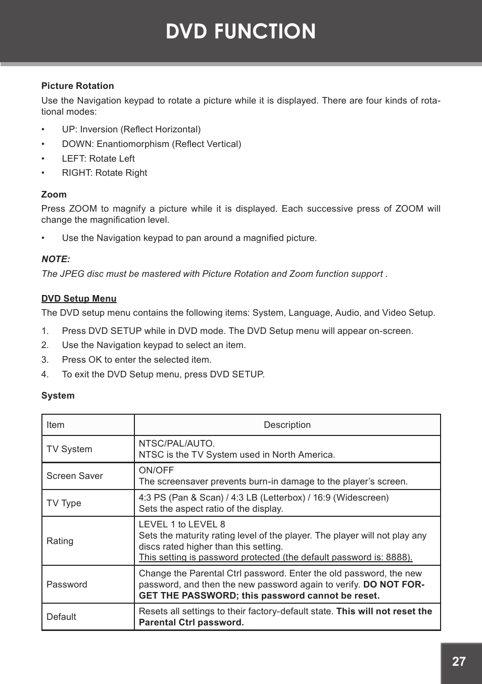Picture rotation, Zoom, Dvd setup menu | System, Dvd function | COBY electronic TF-DVD1971 User Manual | Page 27 / 32