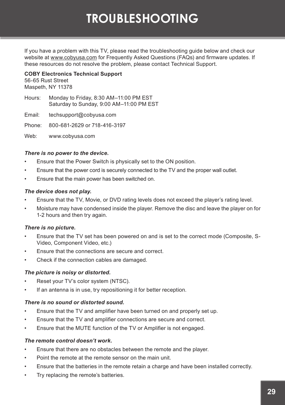 Troubleshooting | COBY electronic TF-DVD1971 User Manual | Page 29 / 32