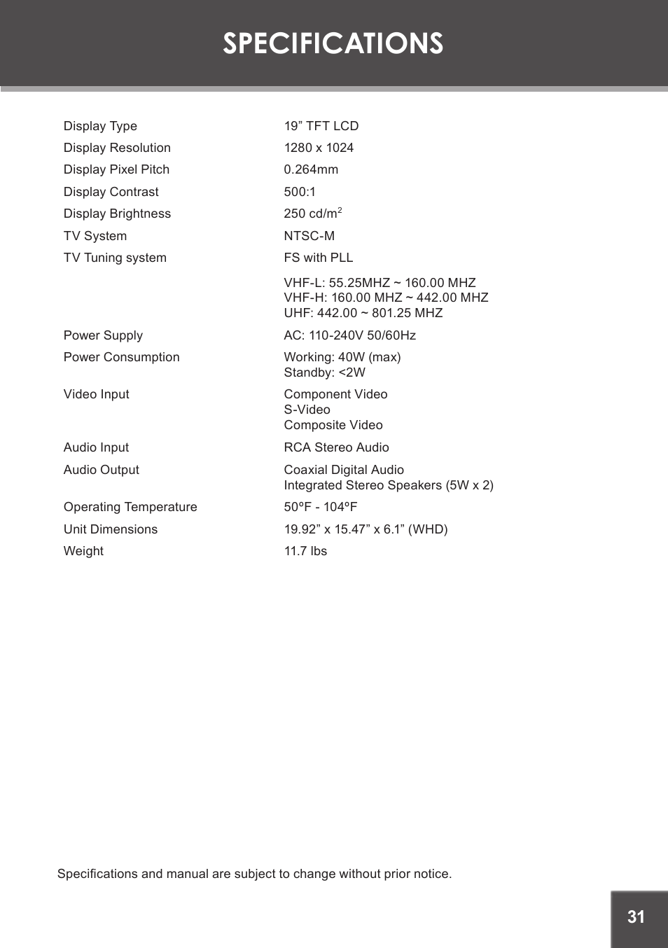 Specifications | COBY electronic TF-DVD1971 User Manual | Page 31 / 32