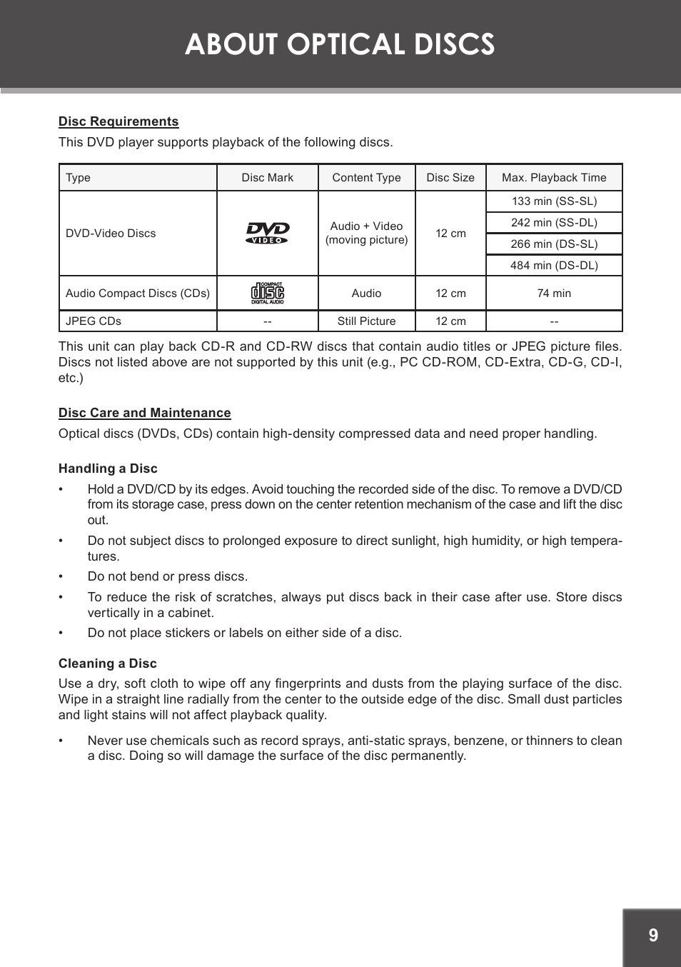 About optical discs, Disc requirements, Disc care and maintenance | Handling a disc, Cleaning a disc | COBY electronic TF-DVD1971 User Manual | Page 9 / 32