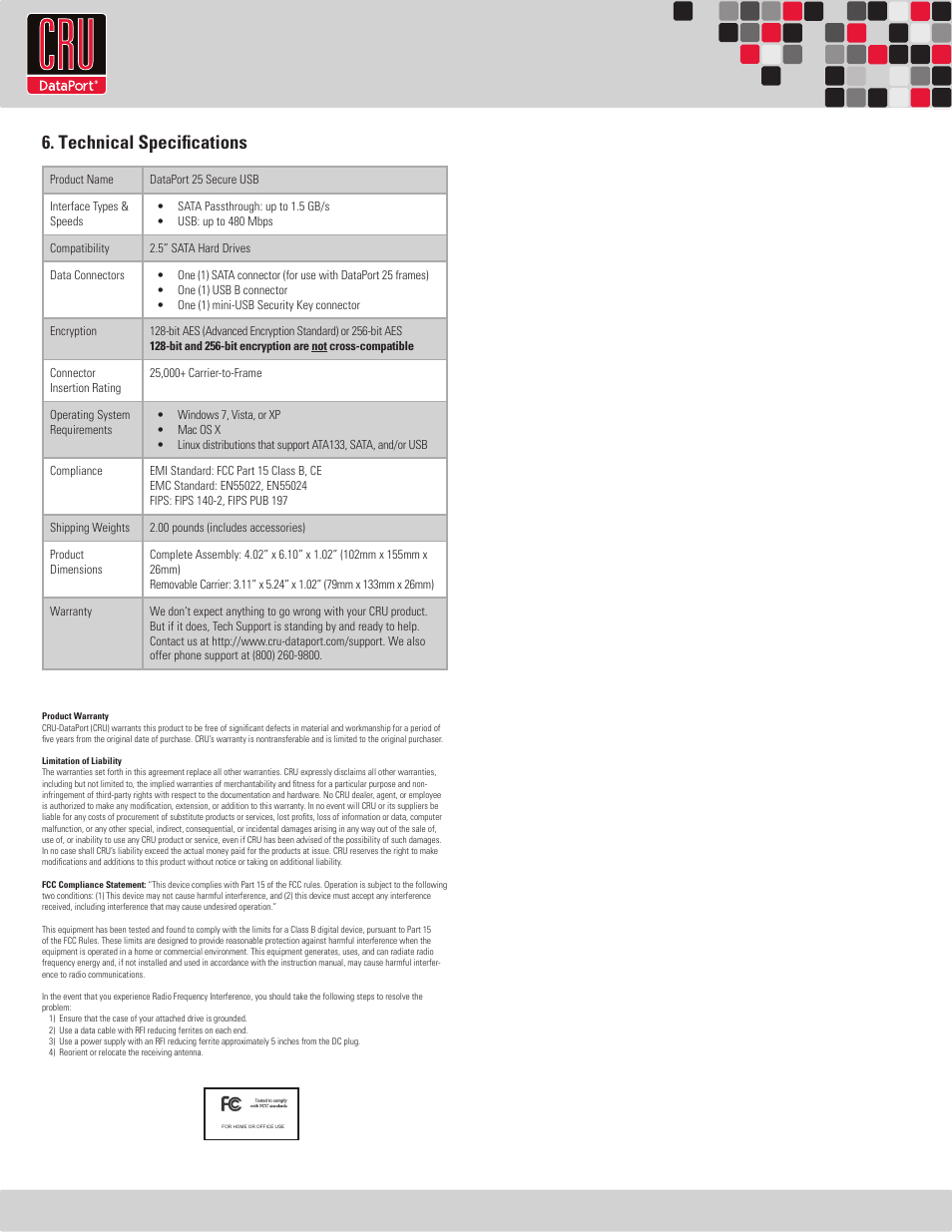 Rtx220 qr - manual 6. technical specifications | CRU DataPort 25 Secure USB User Manual | Page 7 / 7