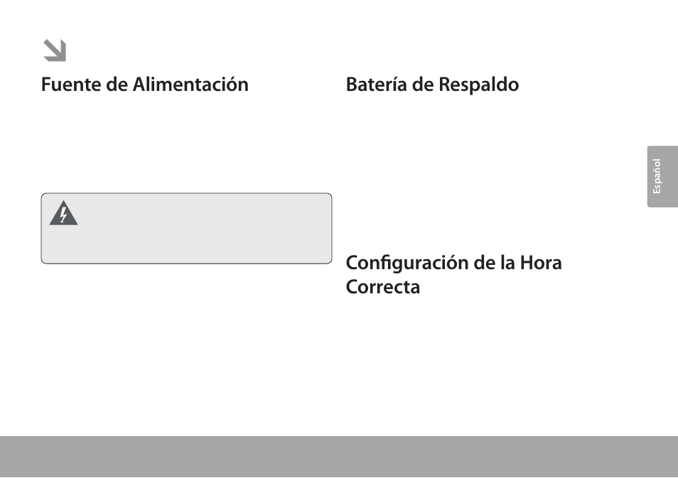 Para empezar, Fuente de alimentación, Batería de respaldo | Configuración de la hora correcta | COBY electronic CRA59 User Manual | Page 19 / 44