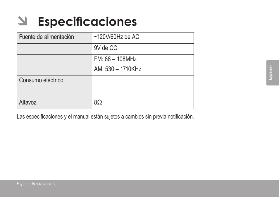 Especificaciones | COBY electronic CRA59 User Manual | Page 23 / 44