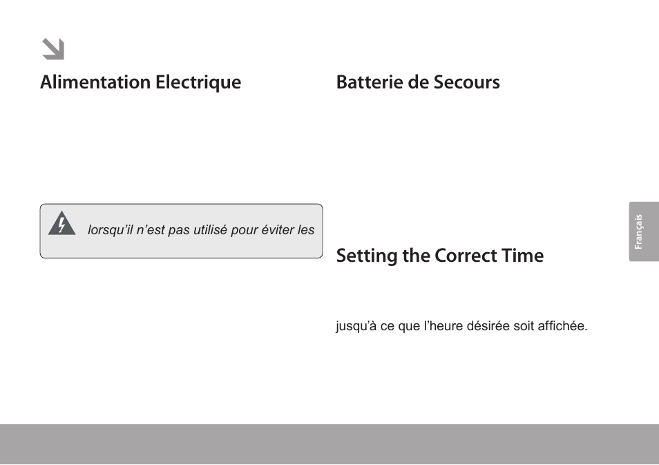 Pour démarrer, Alimentation electrique, Batterie de secours | Setting the correct time | COBY electronic CRA59 User Manual | Page 33 / 44