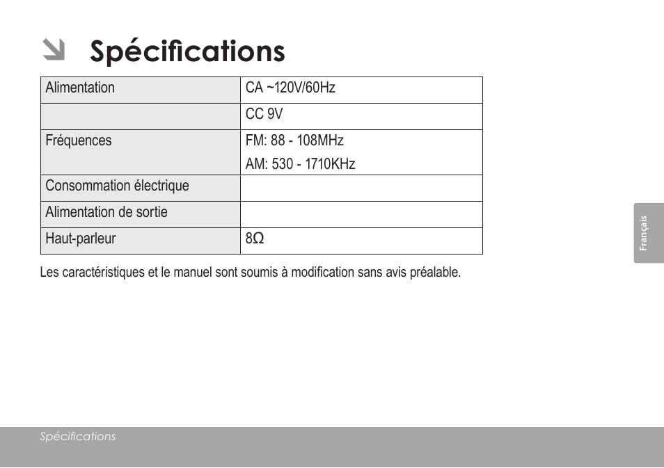 Spécifications | COBY electronic CRA59 User Manual | Page 37 / 44