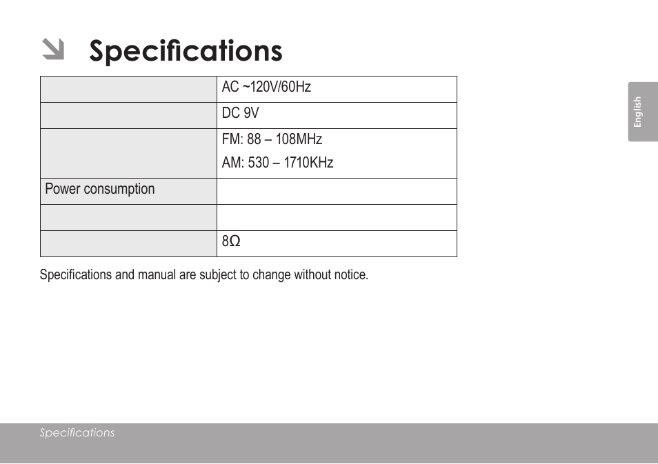 Specifications | COBY electronic CRA59 User Manual | Page 9 / 44