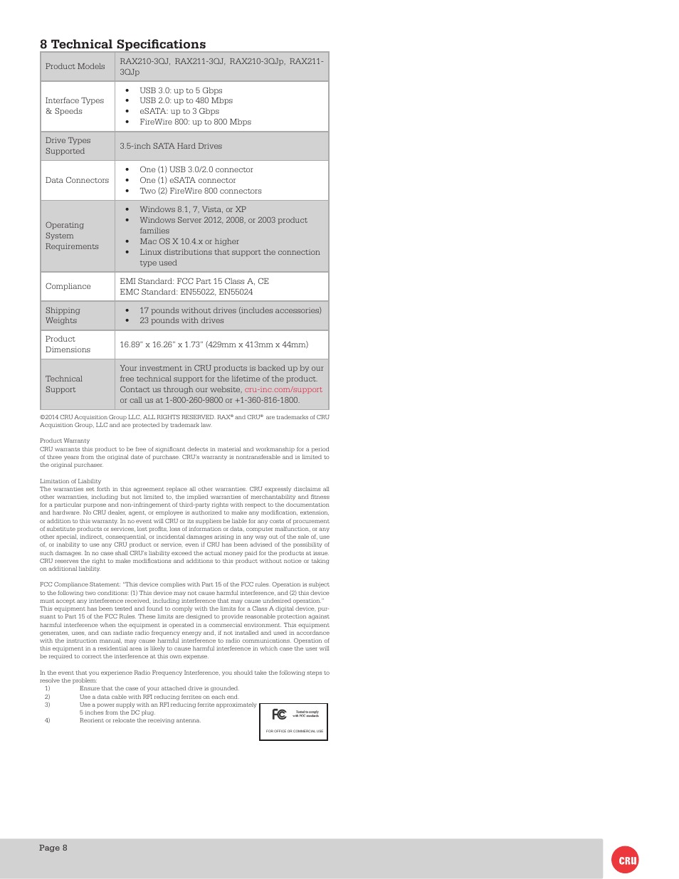 8 technical specifications | CRU RAX210-3QJ User Manual | Page 8 / 8