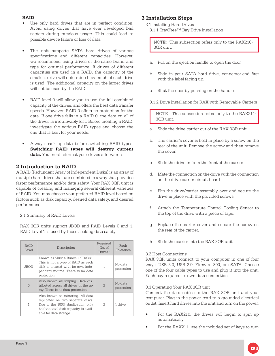 2 introduction to raid, 3 installation steps | CRU RAX210-3QR User Manual | Page 3 / 10