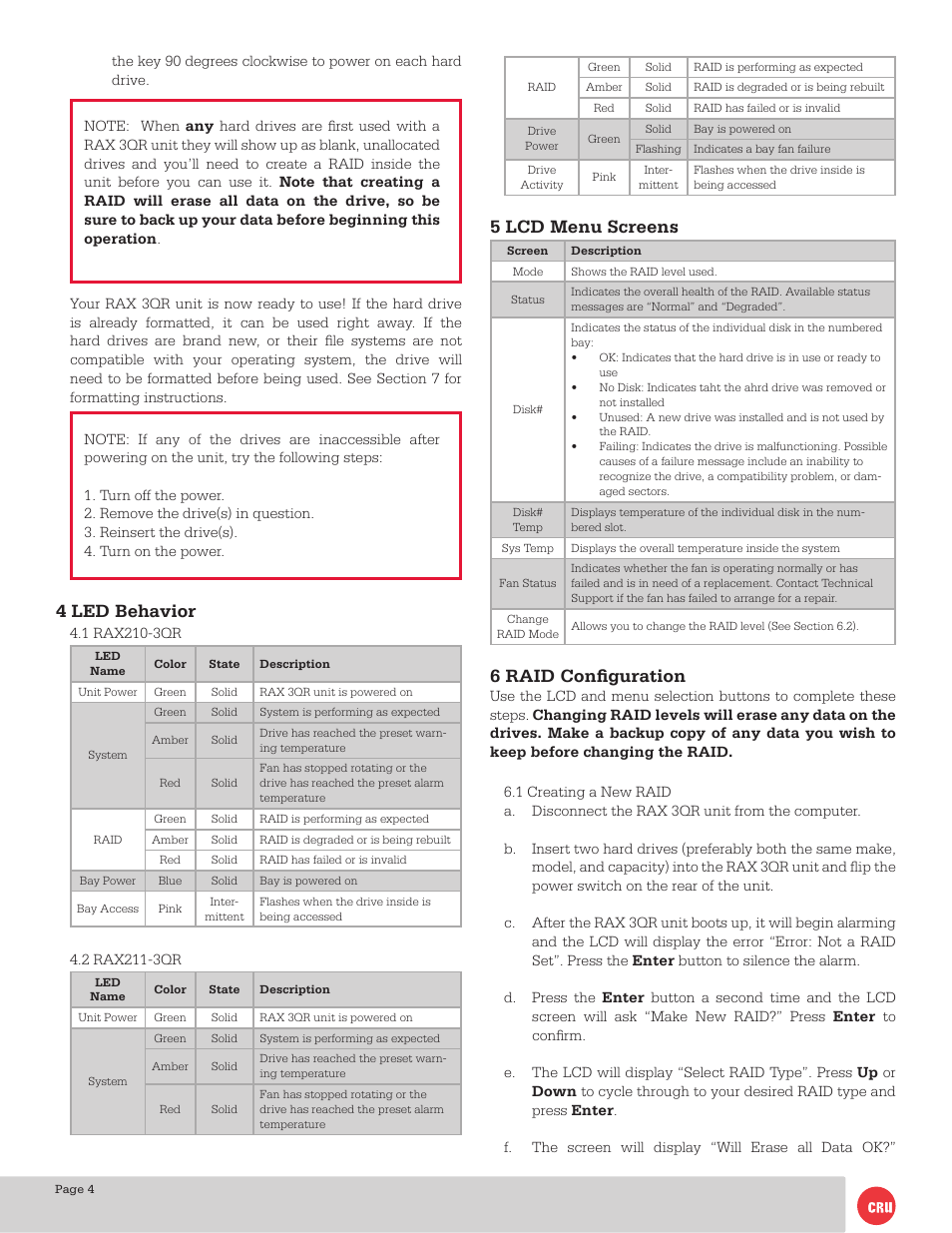 5 lcd menu screens, 6 raid configuration, 4 led behavior | CRU RAX210-3QR User Manual | Page 4 / 10
