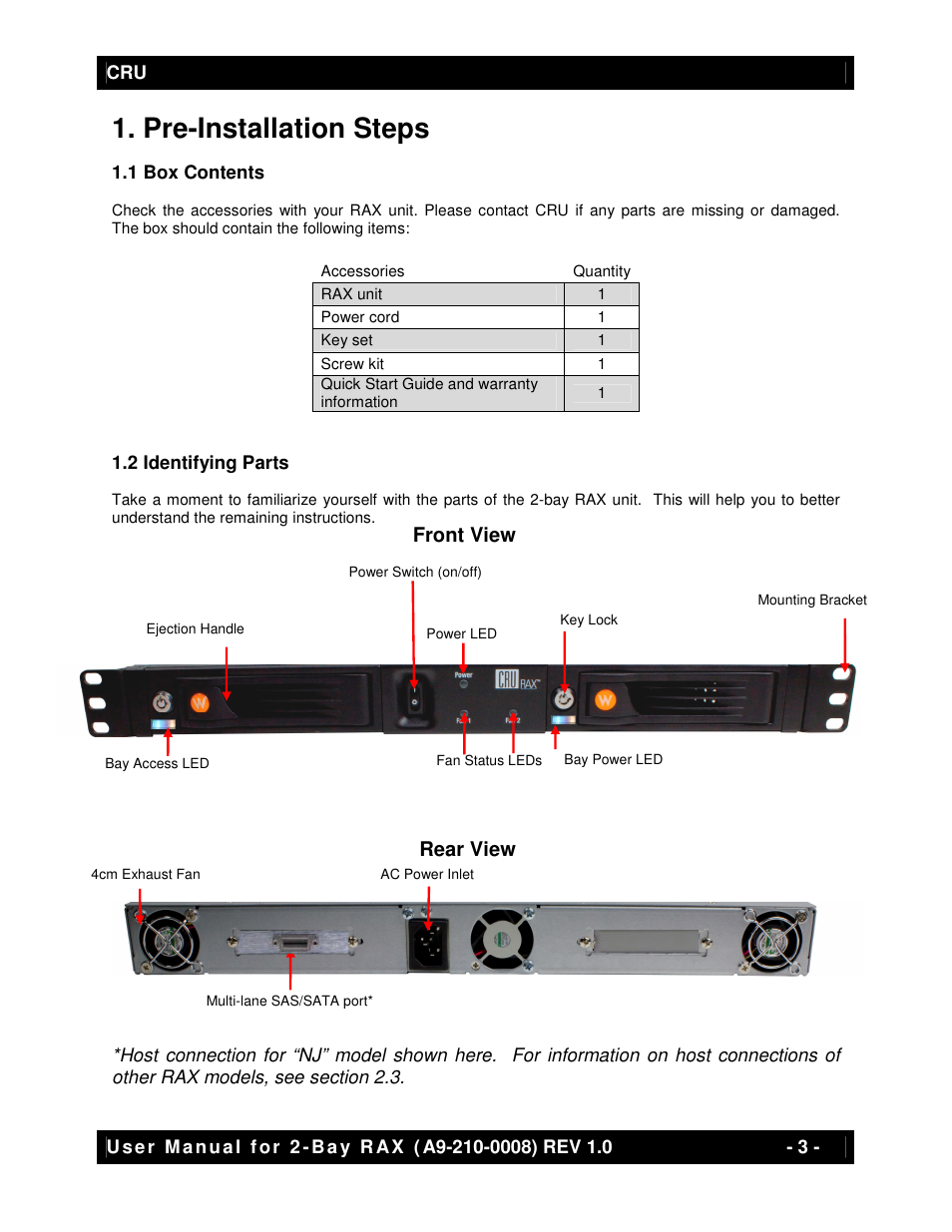 Pre-installation steps, Rear view, Front view | CRU RAX210-SJ User Manual | Page 3 / 9