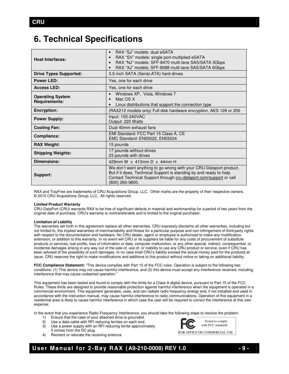 Technical specifications | CRU RAX210-SJ User Manual | Page 9 / 9