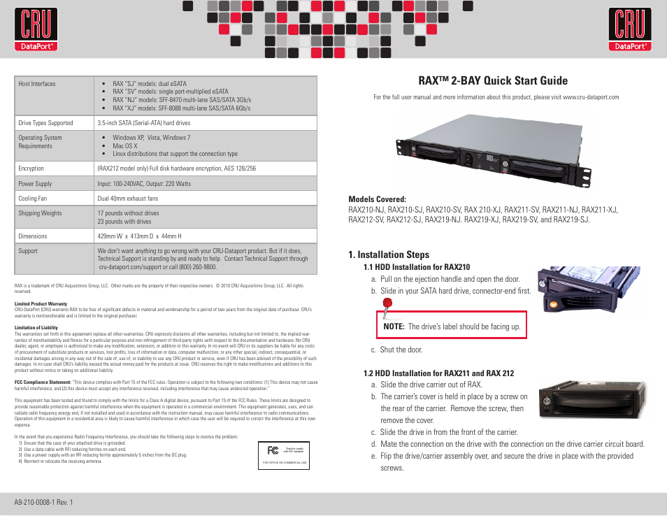 CRU RAX210-SJ User Manual | 2 pages