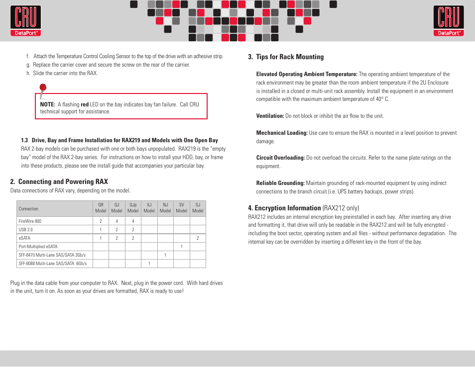 Rtx220 qr - manual 3. tips for rack mounting, Encryption information (rax212 only), Connecting and powering rax | CRU RAX210-SJ User Manual | Page 2 / 2