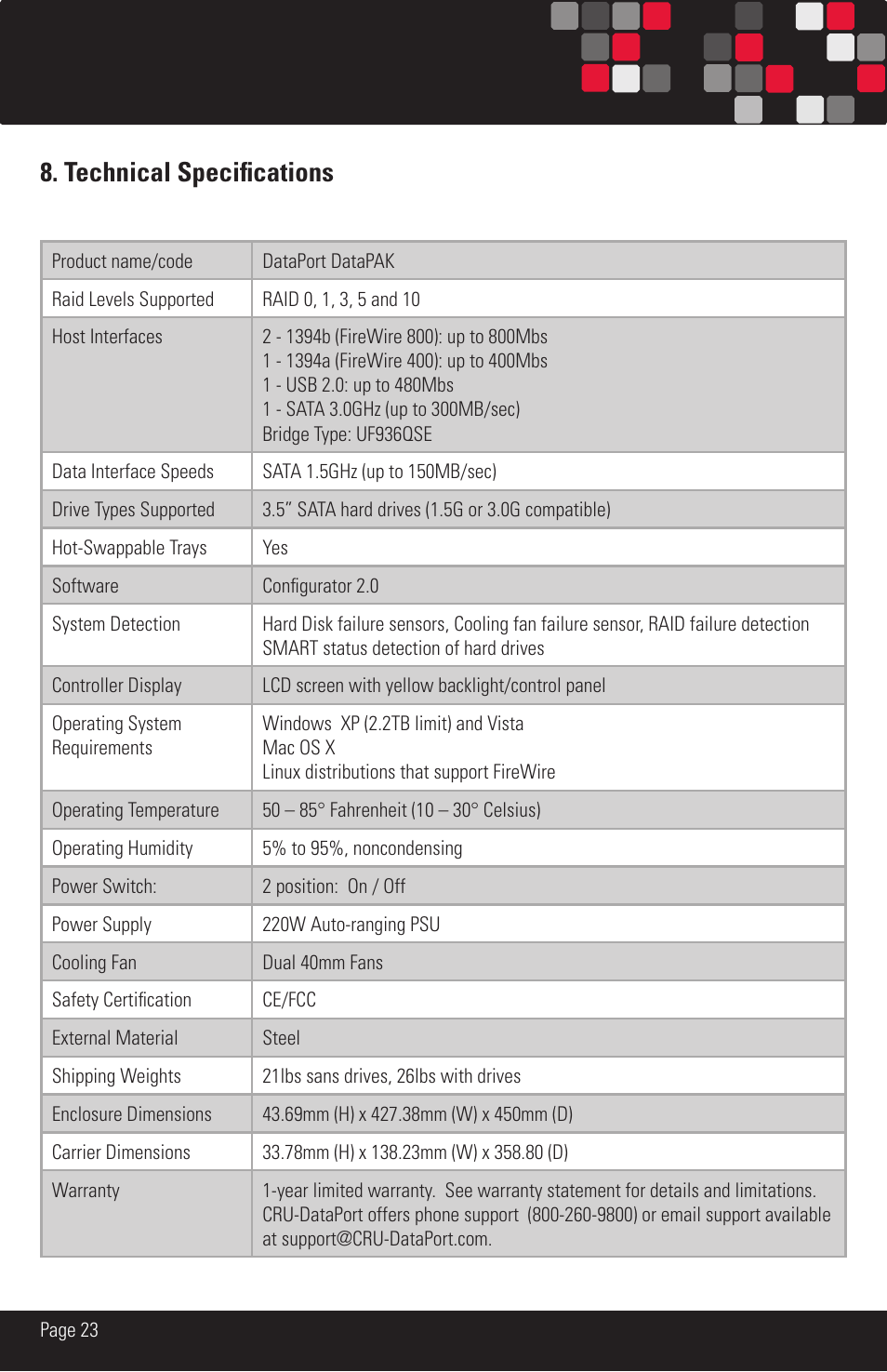 Technical specifications | CRU DataPAK User Manual | Page 23 / 24