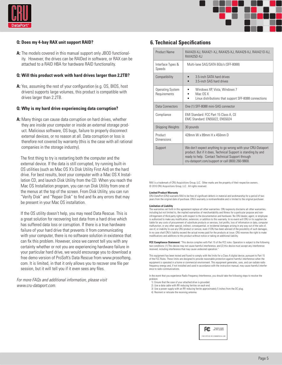 Rtx220 qr - manual, Technical specifications | CRU RAX420-XJ User Manual | Page 6 / 6