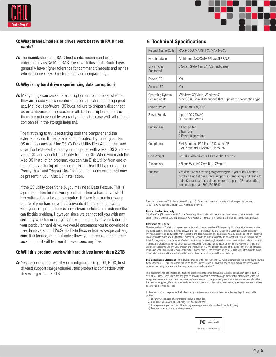 Rtx220 qr - manual, Technical specifications | CRU RAX840-XJ User Manual | Page 6 / 6