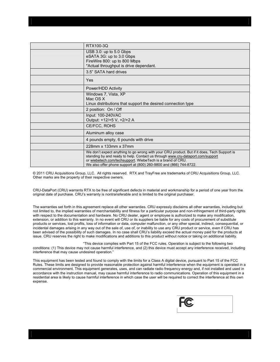 Technical specifications | CRU RTX100-3Q User Manual | Page 9 / 9