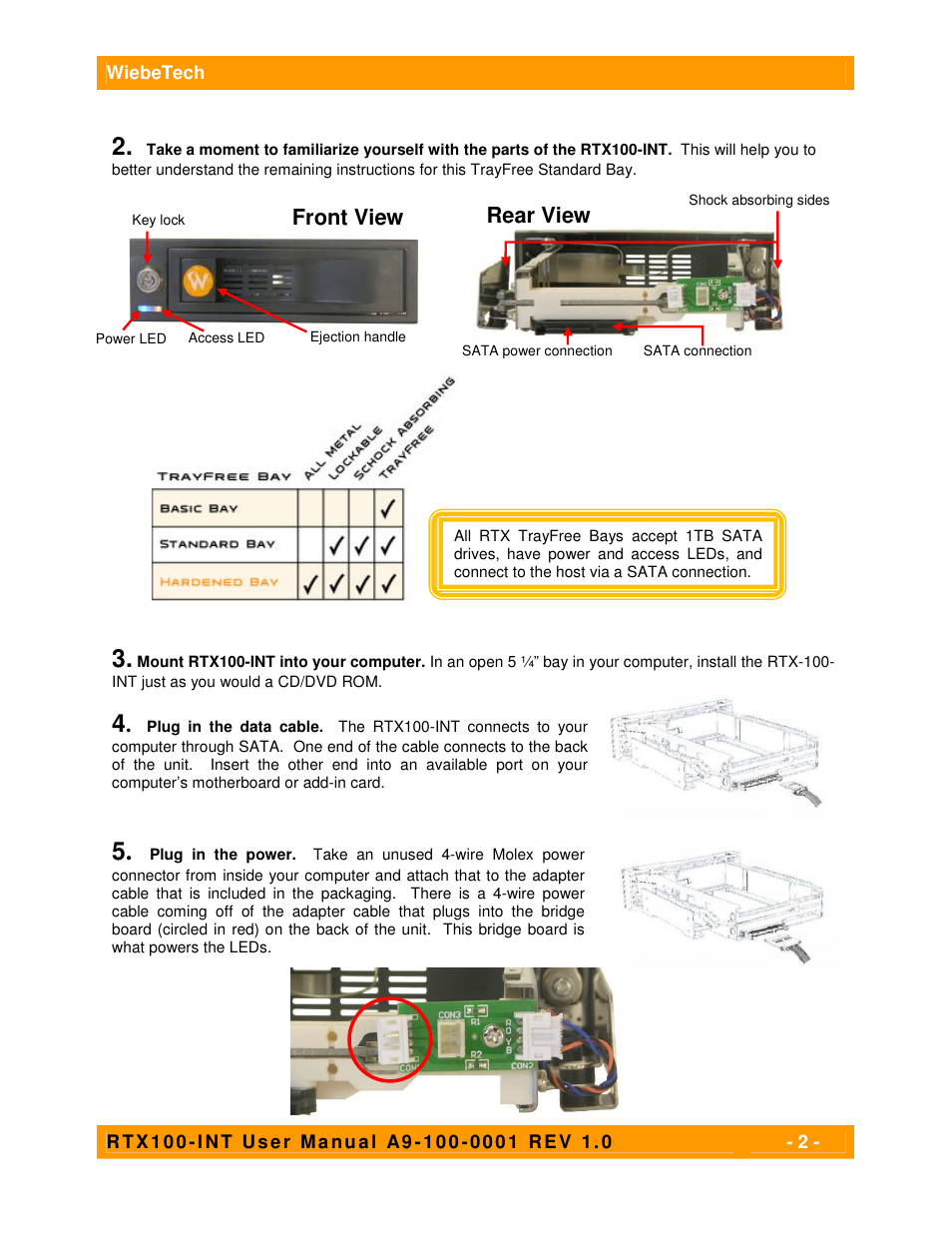 Rear view, Front view | CRU RTX100-INT User Manual | Page 2 / 4