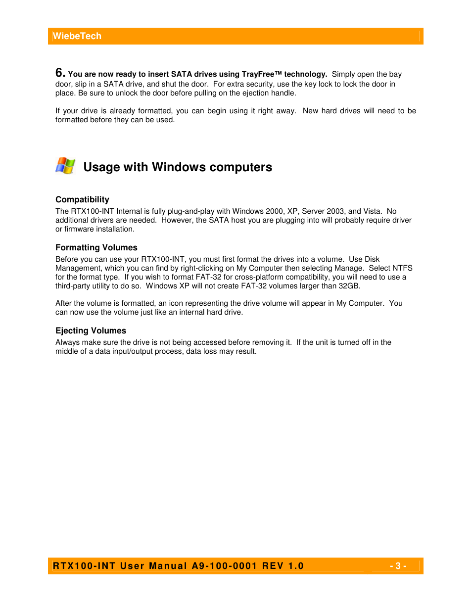 Usage with windows computers | CRU RTX100-INT User Manual | Page 3 / 4