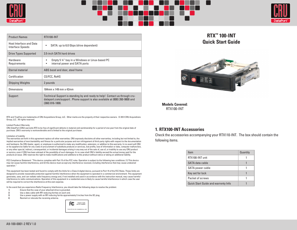 CRU RTX100-INT User Manual | 2 pages