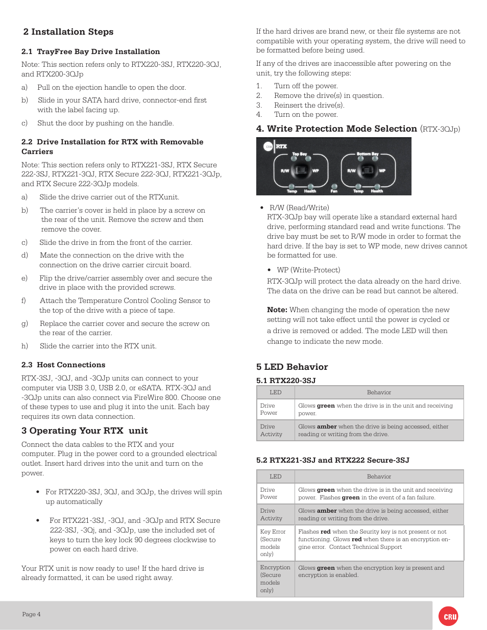 Write protection mode selection, 5 led behavior, 2 installation steps | 3 operating your rtx unit | CRU RTX220-3QJ User Manual | Page 4 / 8