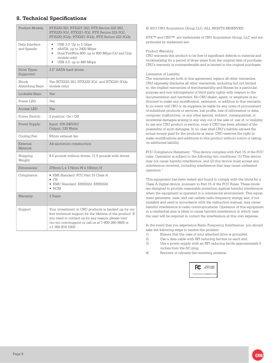 Technical specifications | CRU RTX220-3QJ User Manual | Page 8 / 8