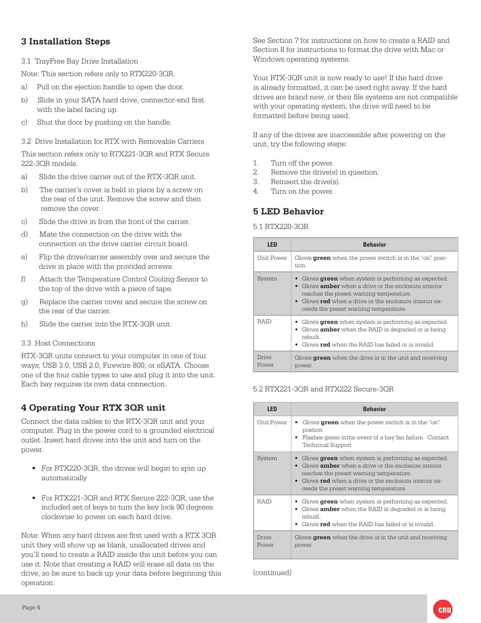 5 led behavior, 3 installation steps, 4 operating your rtx 3qr unit | CRU RTX220-3QR User Manual | Page 4 / 9