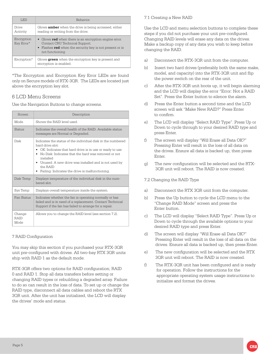 6 lcd menu screens | CRU RTX220-3QR User Manual | Page 5 / 9