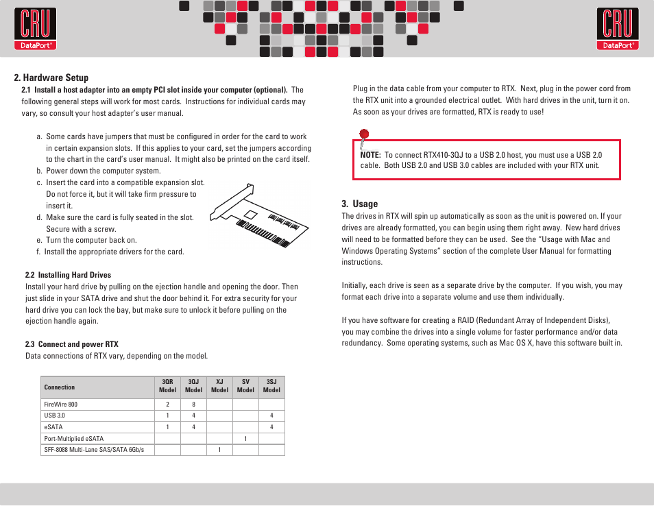 Rtx220 qr - manual, Usage, Hardware setup | CRU RTX410-3QJ User Manual | Page 2 / 2