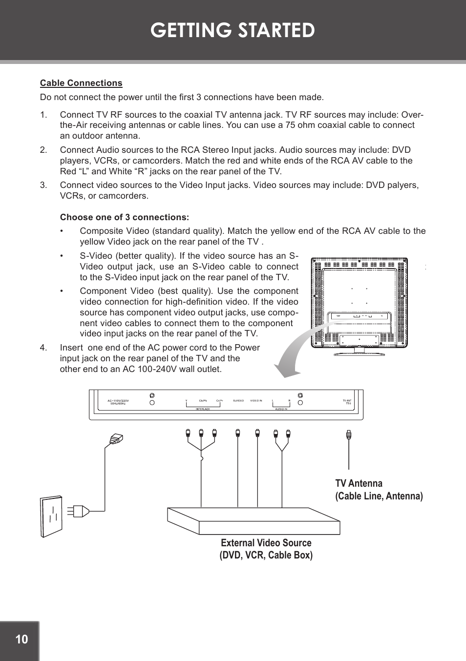 Getting started, Cable connections | COBY electronic TF-TV1901 User Manual | Page 10 / 24