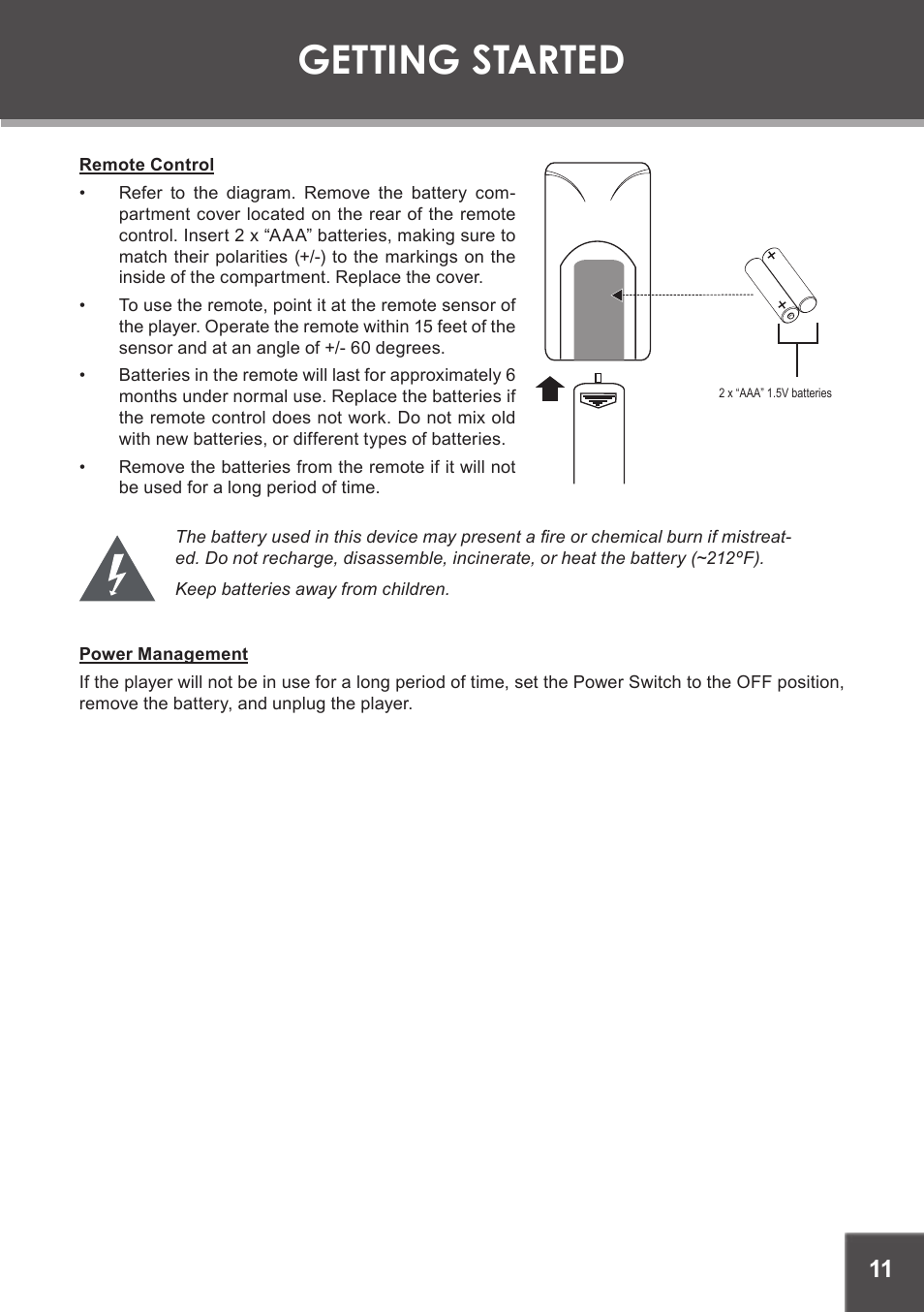 Remote control, Power management, Getting started | COBY electronic TF-TV1901 User Manual | Page 11 / 24