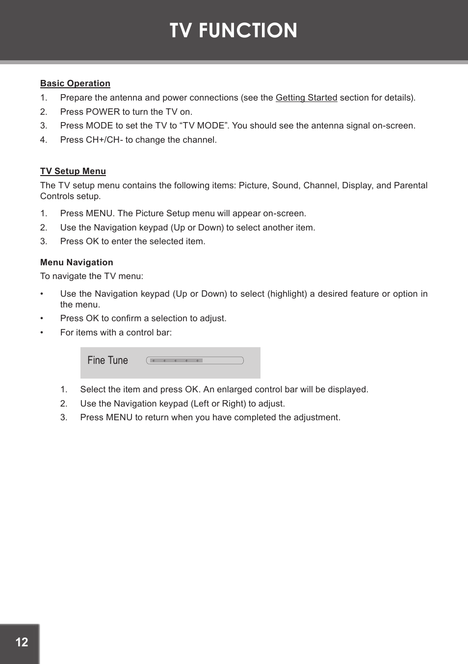 Tv function, Basic operation, Tv setup menu | Menu navigation | COBY electronic TF-TV1901 User Manual | Page 12 / 24
