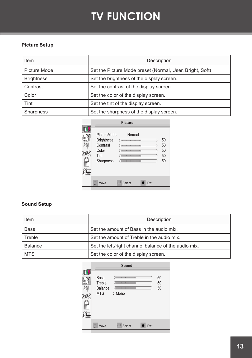 Picture setup, Sound setup, Tv function | COBY electronic TF-TV1901 User Manual | Page 13 / 24