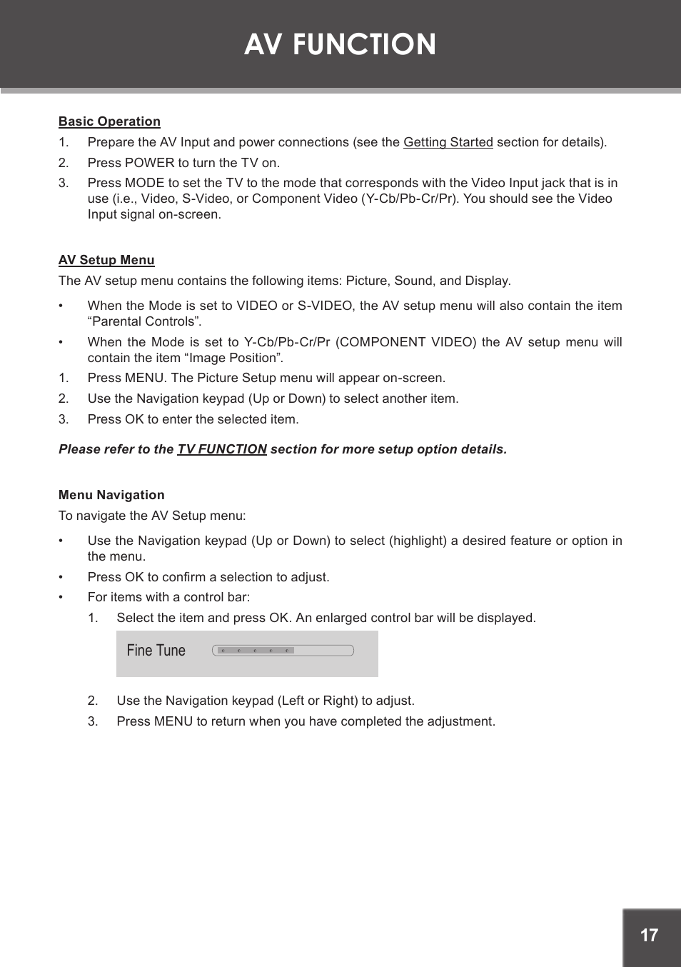 Av function, Basic operation, Av setup menu | Menu navigation | COBY electronic TF-TV1901 User Manual | Page 17 / 24