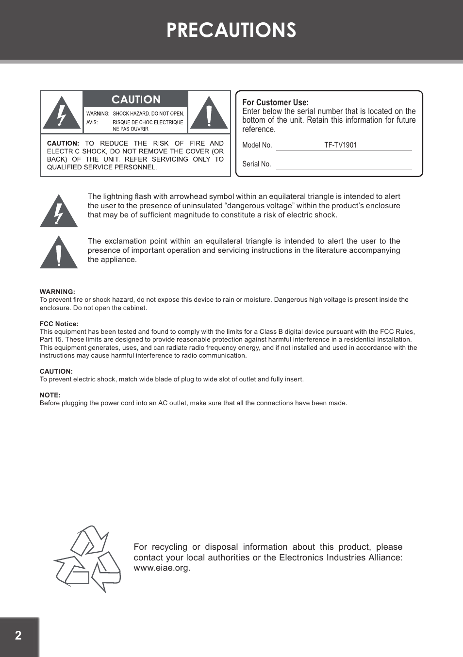 Precautions | COBY electronic TF-TV1901 User Manual | Page 2 / 24
